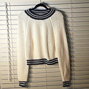 Milly Italian Fisherman Pullover Sweater Off White/Navy Size Large NWT
